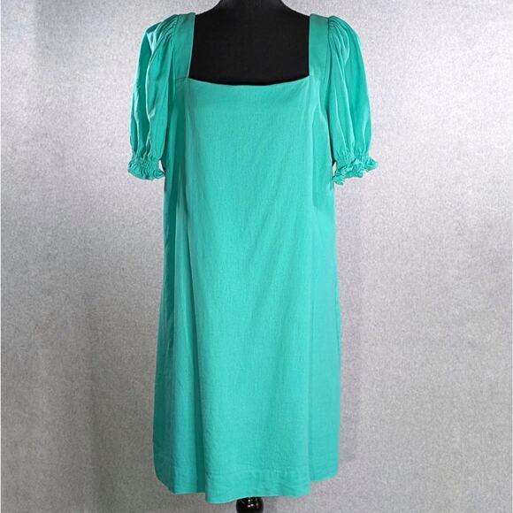 Draper James Linen Blend Puff Sleeve Mini Dress Teal Square Neck Size M - Picture 4 of 16